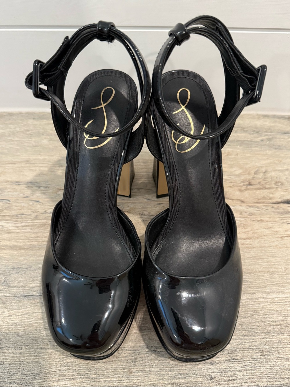 Sam Edelman Black Patent Ankle-Strap Platforms - Size 7